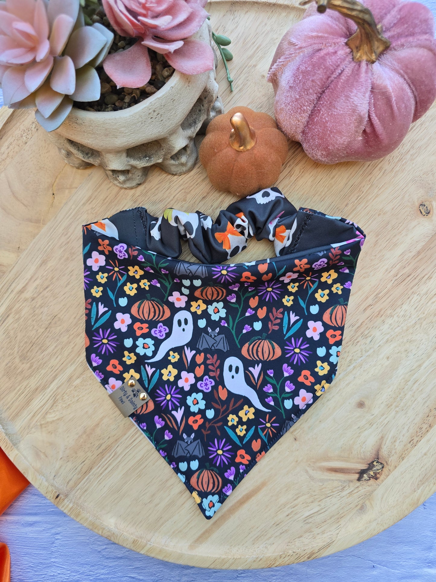 Skull| Spooky Garden Reversible Scrunchie Dog Bandana