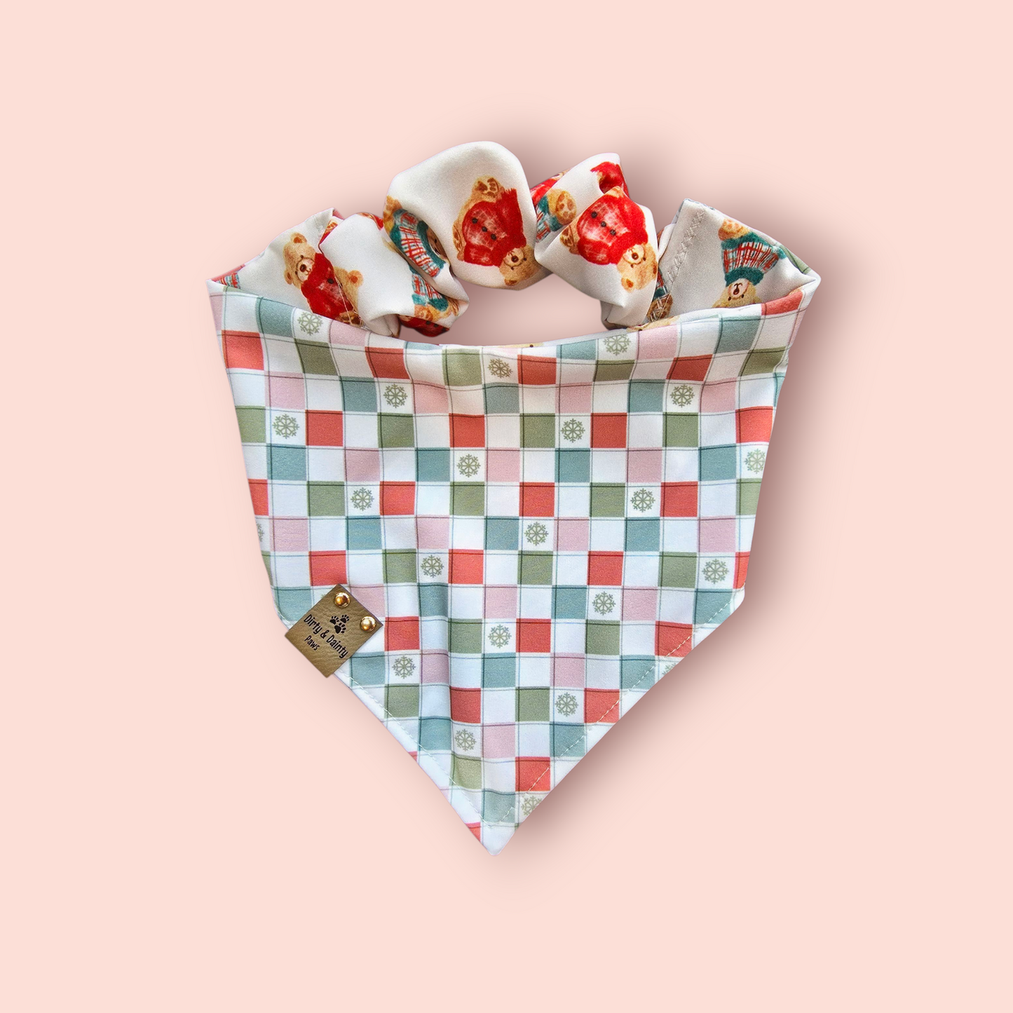 Cozy Teddy Bears| Neutral Plaid with Snowflakes ZoomieProof™ Reversible Scrunchie Dog Bandana