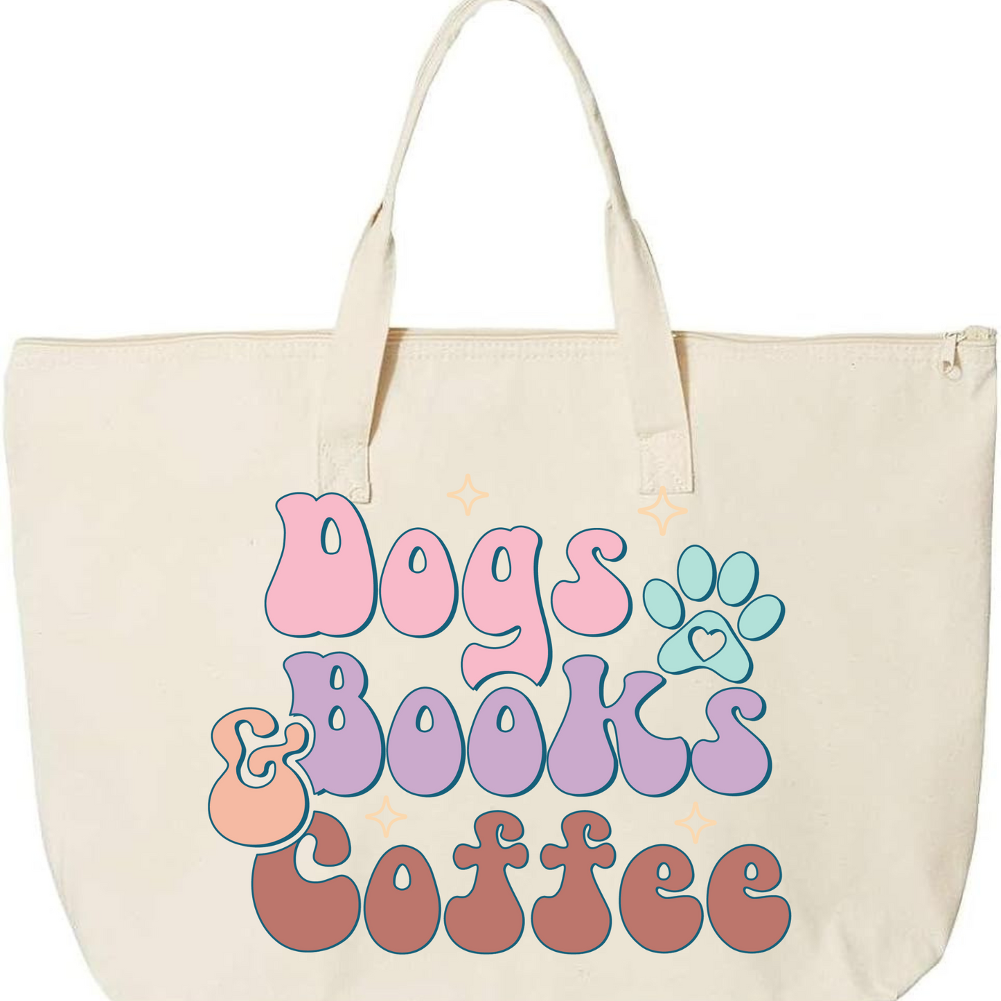 Luxe Dogs, Books & Coffee Zippered Canvas Tote – Premium & Spacious Book Lover Bag PRE-ORDER