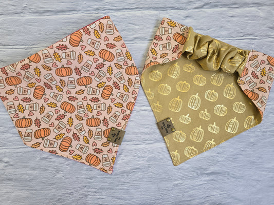 Dog wearing a reversible bandana with a pumpkin design and gold foil pumpkins from Dirty and Dainty Paws.