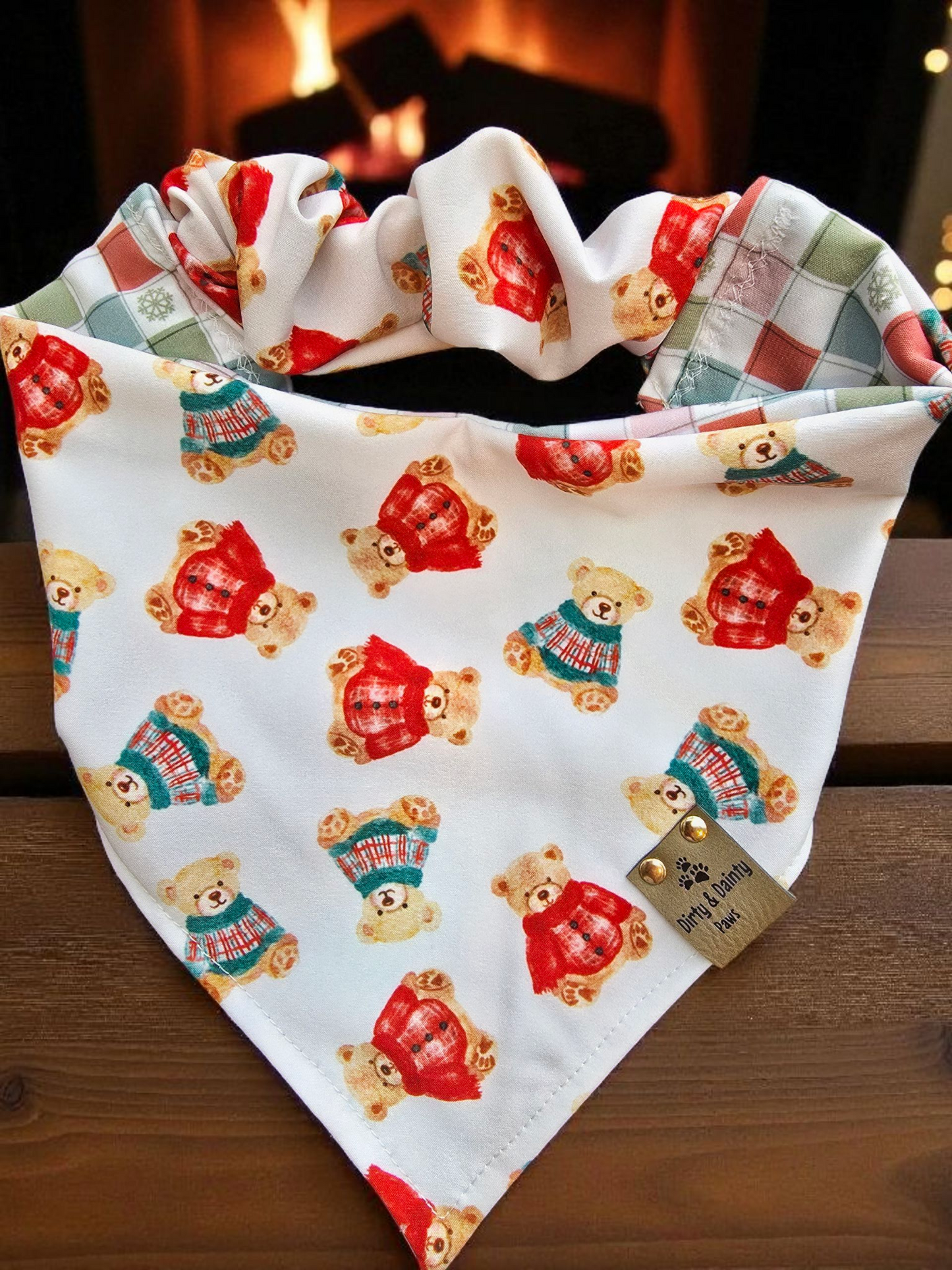 Cozy Teddy Bears| Neutral Plaid with Snowflakes ZoomieProof™ Reversible Scrunchie Dog Bandana