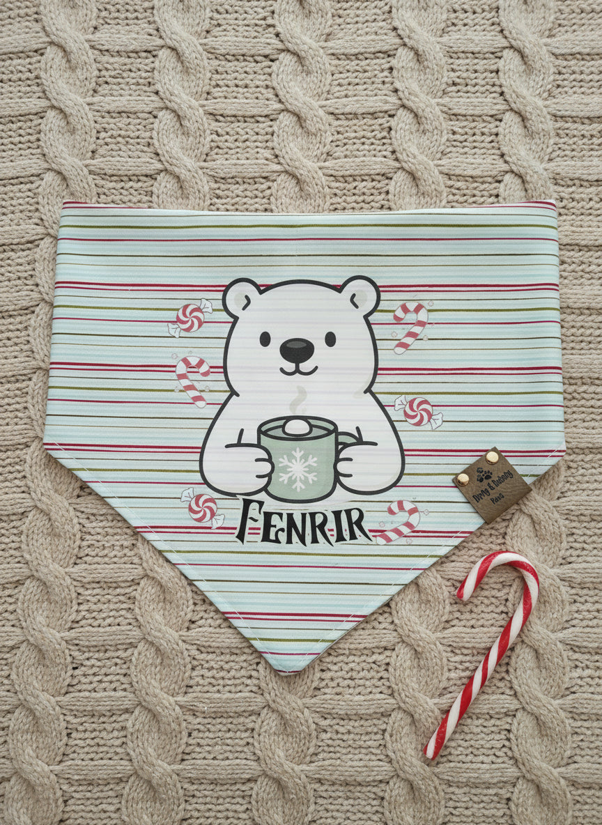 Striped bandana with a bear holding a mug and 'Fenrir' text on a textured surface