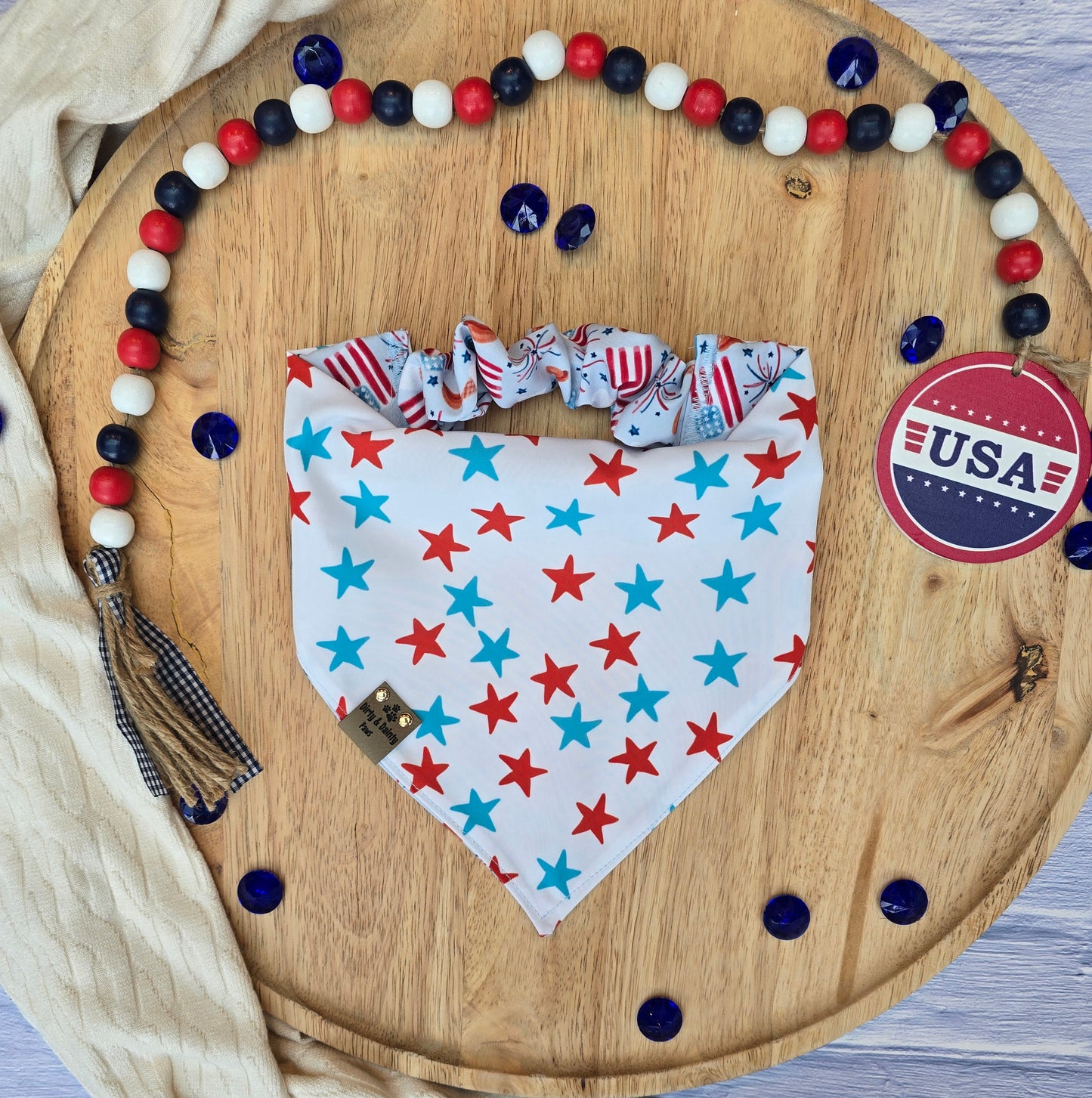 Watercolor 4th of July Party| Patriotic Stars ZoomieProof™ Reversible Scrunchie Dog Bandana