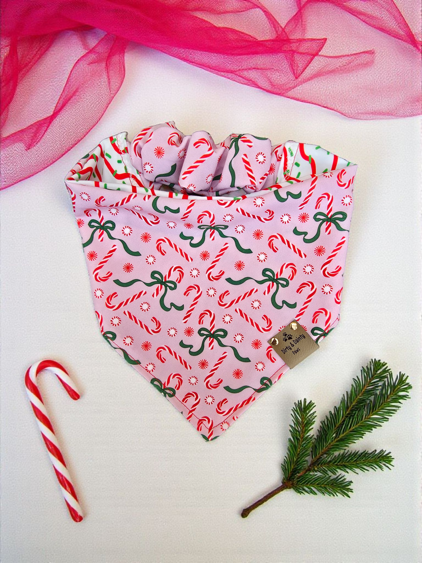 Candy Cane Cutie | Christmas Tree Cakes ZoomieProof™ Reversible Scrunchie Dog Bandana |Soft Polyester Holiday Accessory