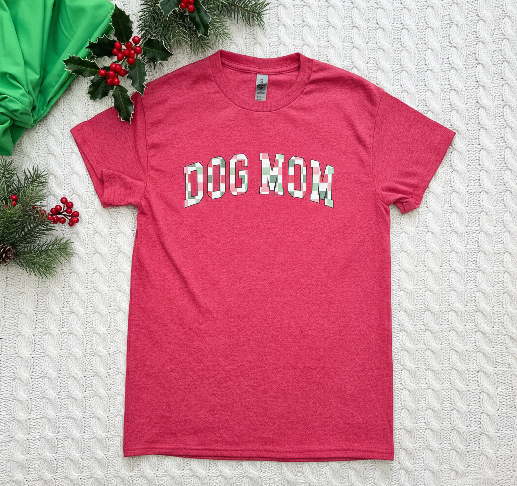 Dog Mom Christmas Plaid T-Shirt in Heather Red Gildan heavy cotton