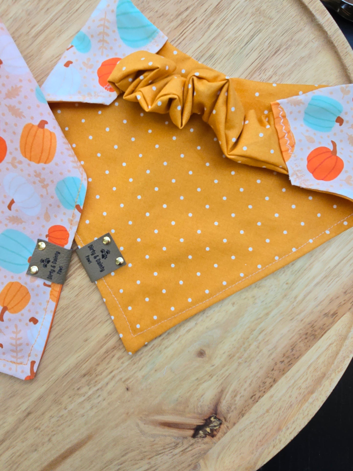 Boho Pumpkins| Hello Pumpkin| Dots| Cozy Cotton Reversible Scrunchie Dog Bandana