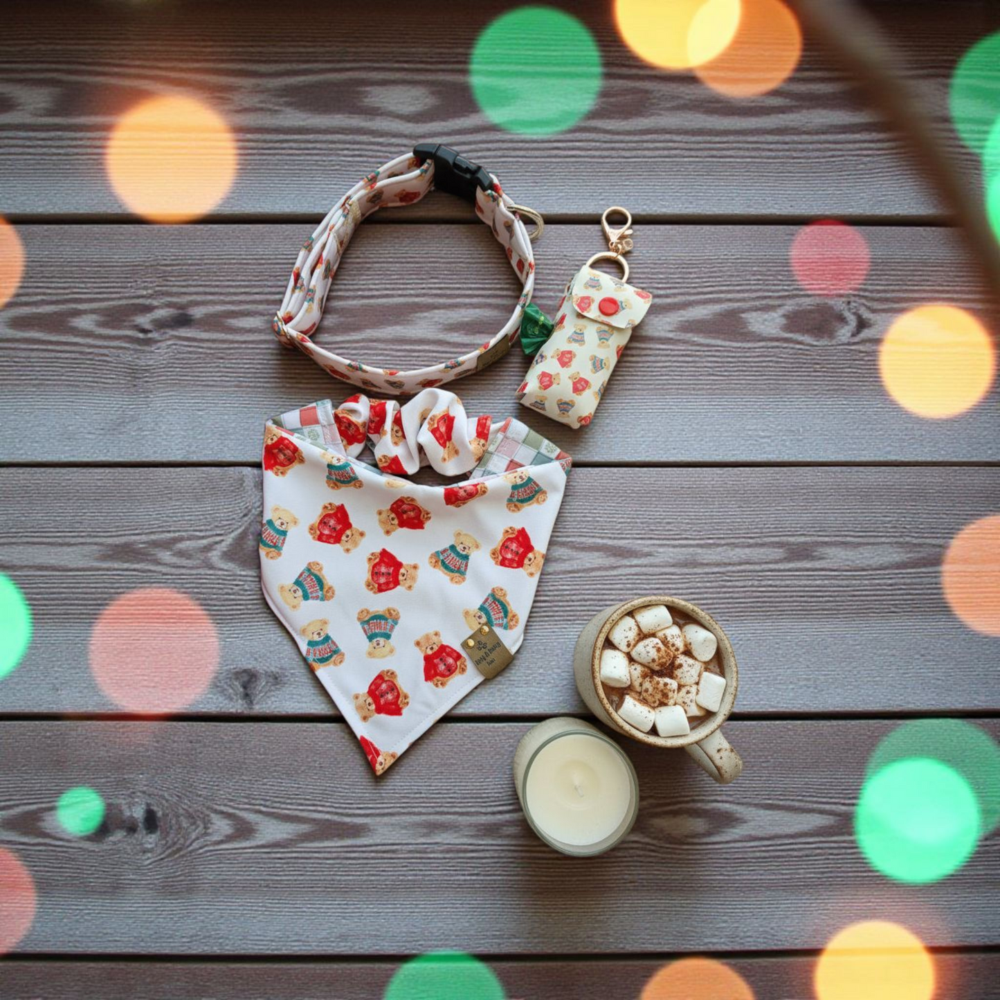 Cozy Teddy Bears| Neutral Plaid with Snowflakes ZoomieProof™ Reversible Scrunchie Dog Bandana