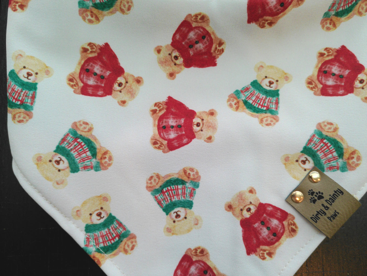 Cozy Teddy Bears| Neutral Plaid with Snowflakes ZoomieProof™ Reversible Scrunchie Dog Bandana