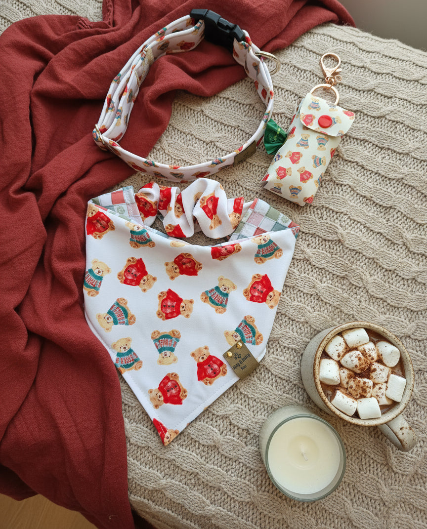 Cozy Teddy Bears| Neutral Plaid with Snowflakes ZoomieProof™ Reversible Scrunchie Dog Bandana