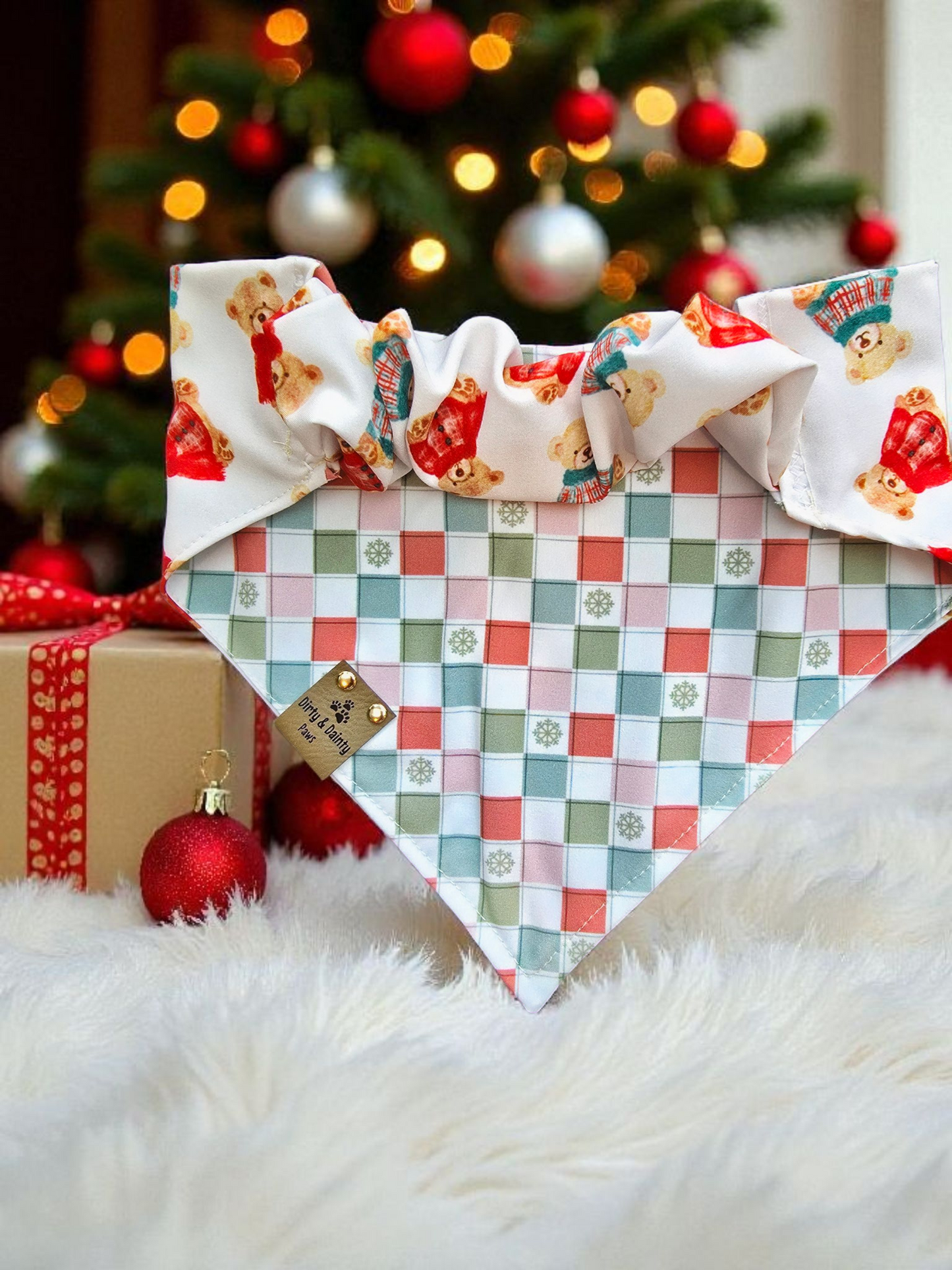 Cozy Teddy Bears| Neutral Plaid with Snowflakes ZoomieProof™ Reversible Scrunchie Dog Bandana