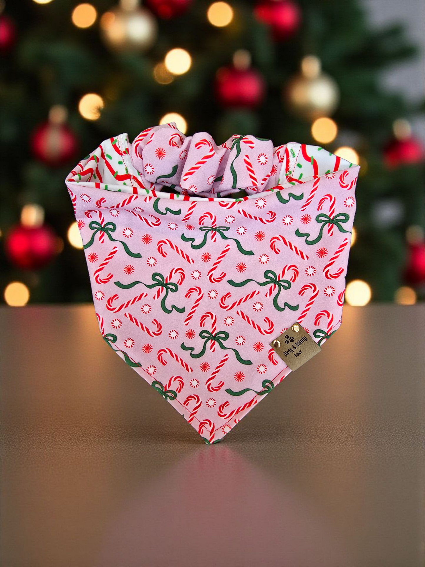 Candy Cane Cutie | Christmas Tree Cakes ZoomieProof™ Reversible Scrunchie Dog Bandana |Soft Polyester Holiday Accessory
