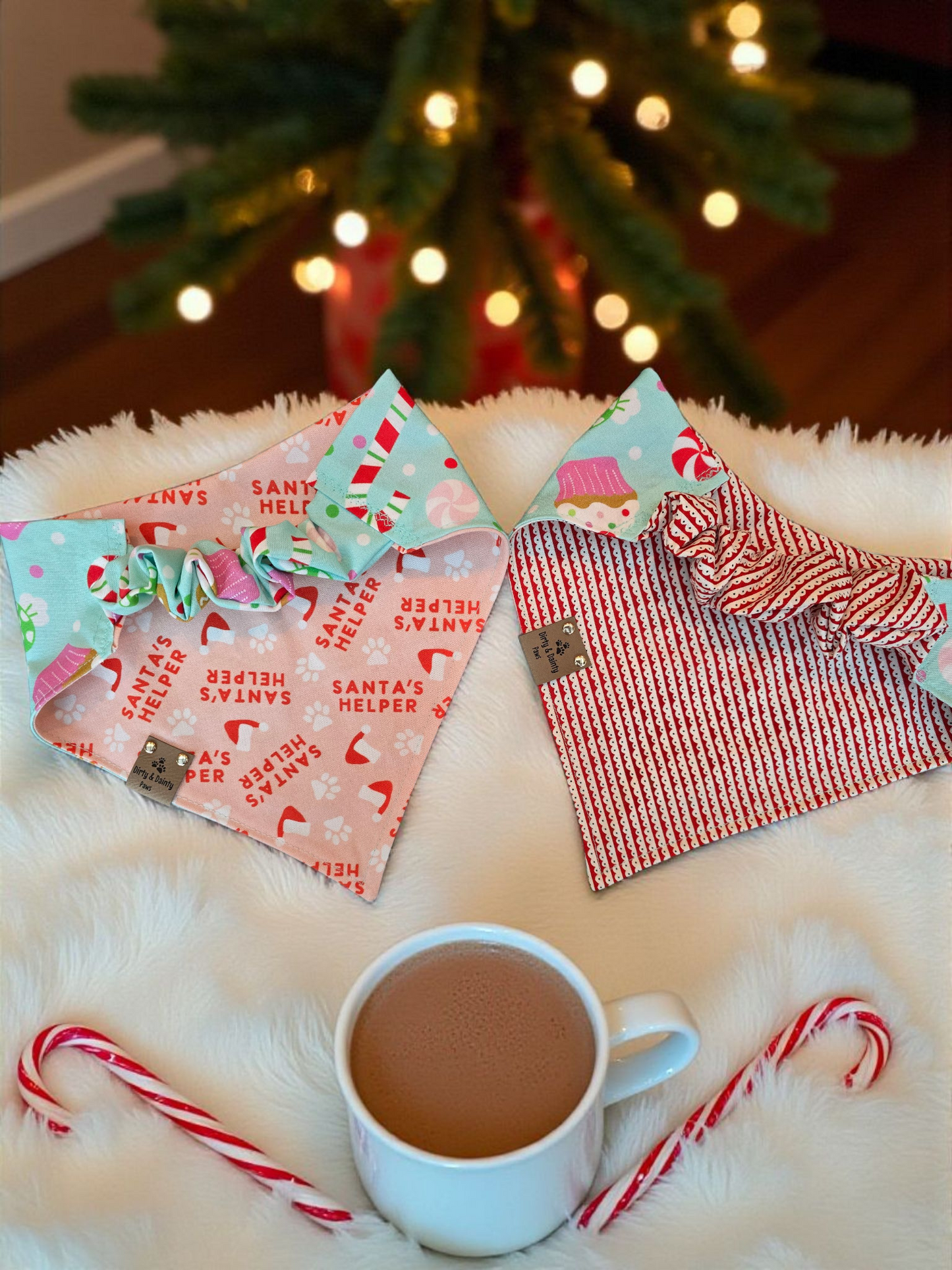 Gingerbread Treats Reversible Scrunchie Dog Bandana | Santa’s Helper or Gingerbread House Print