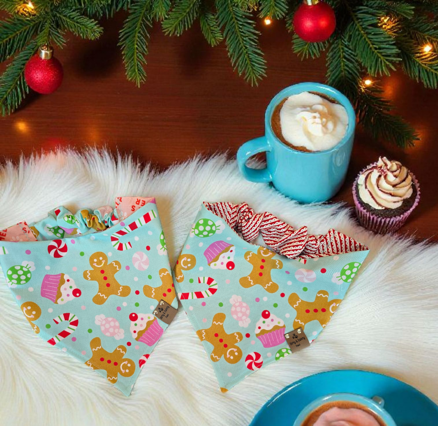 Gingerbread Treats Reversible Scrunchie Dog Bandana | Santa’s Helper or Gingerbread House Print
