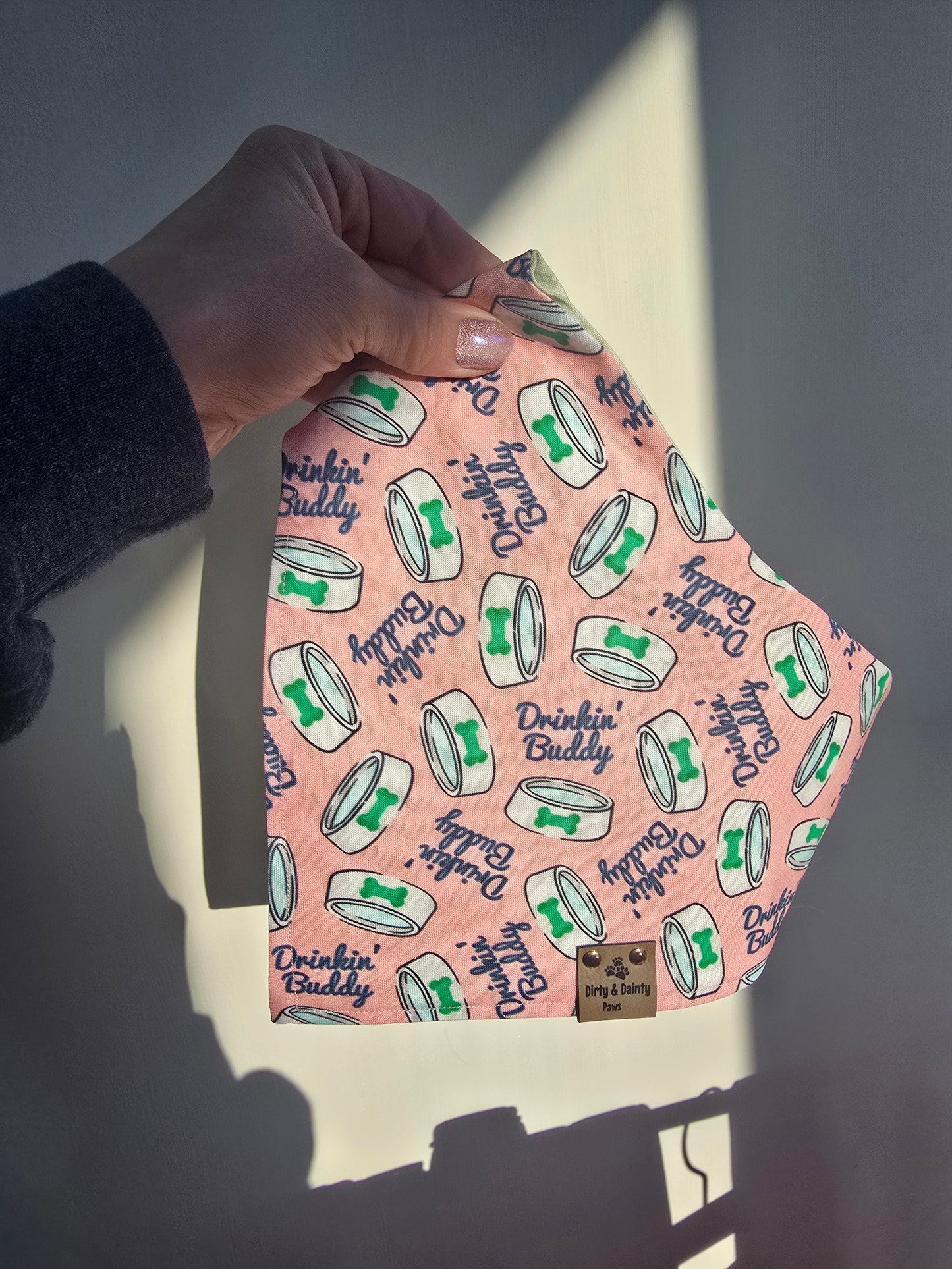 Drinking Buddy Dog Bandana – Reversible Pink or Green Pet Bandana | Cozy Cotton Slip-On Scrunchie Dog Scarf