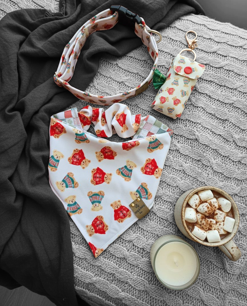 Cozy Teddy Bears| Neutral Plaid with Snowflakes ZoomieProof™ Reversible Scrunchie Dog Bandana