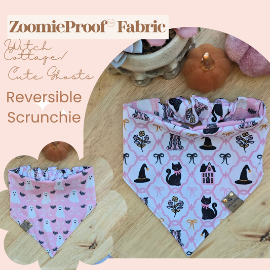 Witch Cottage/Sweet Ghost Reversible Scrunchie Dog Bandana